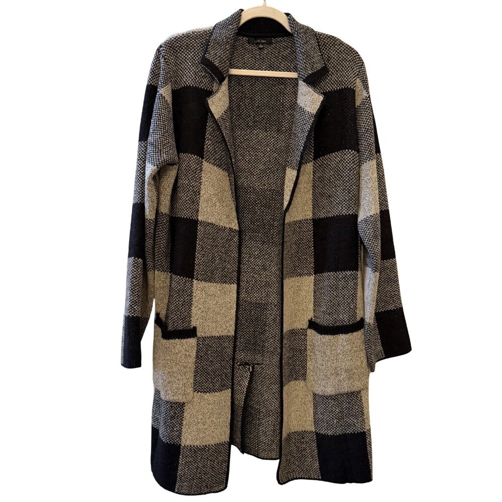 Love Tree Black & Grey Plaid Open Front Cardigan – Size L